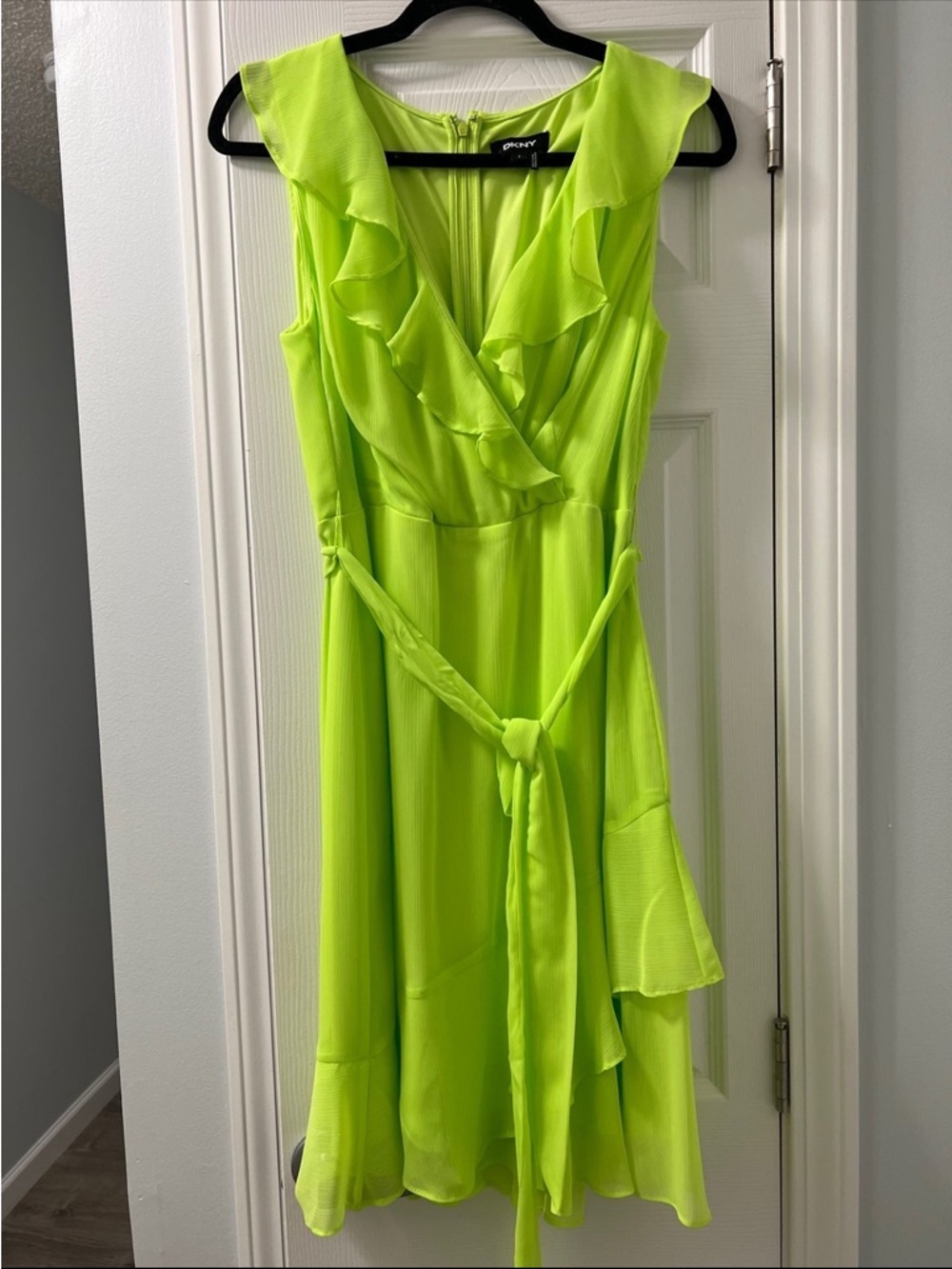 DKNY Neon Lime Ruffle Wrap Midi Dress